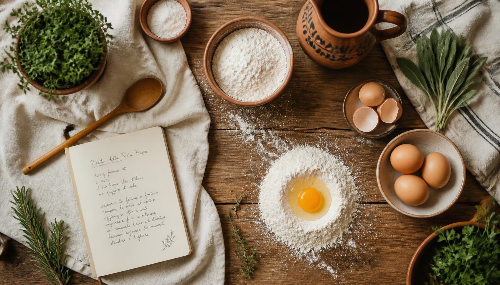 Flour, eggs and herbs on a rustic kitchen table